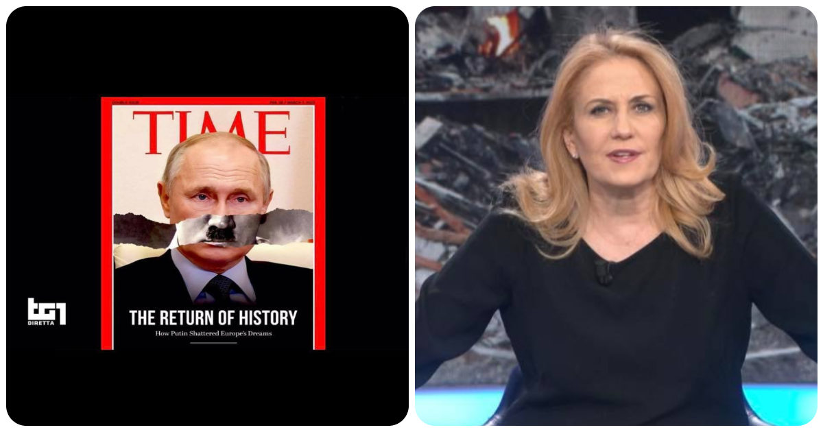 Speciale Tg1 sulla guerra in Ucraina, Monica Maggioni mostra la copertina fake del Time con Putin come Hitler: poi le scuse