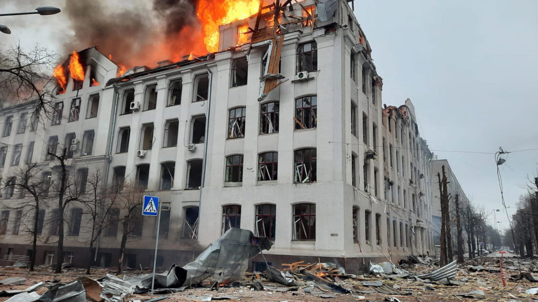 epa09796728 A handout photo released by the press service of the State Emergency Service of Ukraine shows a fire in a building of the Security Service of Ukraine (SBU) after shelling in Kharkiv, Ukraine, 02 March 2022. According to the Ukrainian state emergency service, the building was hit by a missile strike. Russian troops entered Ukraine on 24 February prompting the country’s president to declare martial law and triggering a series of severe economic sanctions imposed by Western countries on Russia.  EPA/STATE EMERGENCY SERVICE OF UKRAINE HANDOUT — BEST QUALITY AVAILABLE — MANDATORY CREDIT: STATE EMERGENCY SERVICE OF UKRAINE — HANDOUT EDITORIAL USE ONLY/NO SALES