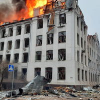 epa09796728 A handout photo released by the press service of the State Emergency Service of Ukraine shows a fire in a building of the Security Service of Ukraine (SBU) after shelling in Kharkiv, Ukraine, 02 March 2022. According to the Ukrainian state emergency service, the building was hit by a missile strike. Russian troops entered Ukraine on 24 February prompting the country’s president to declare martial law and triggering a series of severe economic sanctions imposed by Western countries on Russia.  EPA/STATE EMERGENCY SERVICE OF UKRAINE HANDOUT — BEST QUALITY AVAILABLE — MANDATORY CREDIT: STATE EMERGENCY SERVICE OF UKRAINE — HANDOUT EDITORIAL USE ONLY/NO SALES