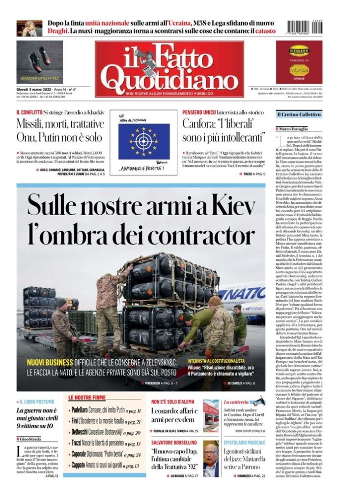 Copertina de Il Fatto Quotidiano di Gio 3 Marzo 2022