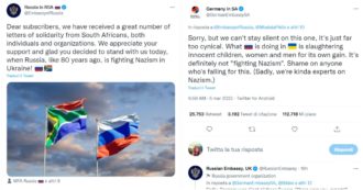 Copertina di L’ambasciata tedesca in Sudafrica a quella russa: “Combattete nazismo in Ucraina? Non è così, purtroppo siamo esperti di nazismo”