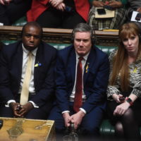 epa09810697 A handout photograph released by the UK Parliament shows (L-R) Britain’s main opposition Labour Party Foreign Secretary David Lammy, main opposition Labour Party leader Keir Starmer and main opposition Labour Party deputy leader Angela Rayner listening to Ukrainian President Zelensky addressing via video-link the House of Commons Chamber about the situation in Ukraine, in London, Britain, 08 March 2022.  EPA/UK PARLIAMENT/JESSICA TAYLOR HANDOUT — MANDATORY CREDIT: UK PARLIAMENT/JESSICA TAYLOR — HANDOUT EDITORIAL USE ONLY/NO SALES