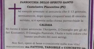 Copertina di Piacenza, il parroco pubblica un ‘annuncio funebre’ per la caldaia: “Ha vissuto quasi 50 anni, adesso aiutateci a sostituirla”