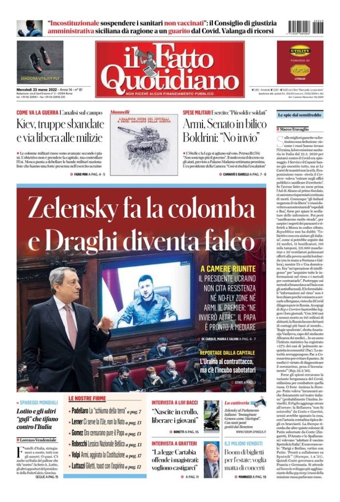 Copertina di mercoledì 23 marzo 2022