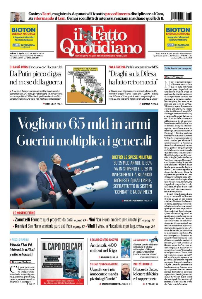 Copertina di sabato 2 Aprile 2022