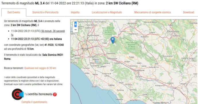 Terremoto di magnitudo 3.4 a Ciciliano, in provincia di Roma. I vigili del fuoco: “Non risultano segnalazioni di danni”