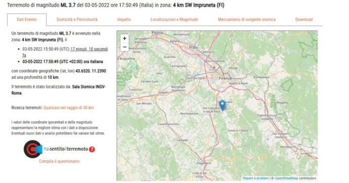 Firenze, doppia scossa di terremoto: una di magnitudo 3.7 con epicentro a Impruneta, poi in serata una replica di 3.4