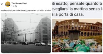 Copertina di Roma vs Milano, lo sfottò sui social: “Se siete tristi, pensate a chi vive a Milano”. La replica: “Almeno non siamo sommersi da spazzatura, topi e cinghiali”