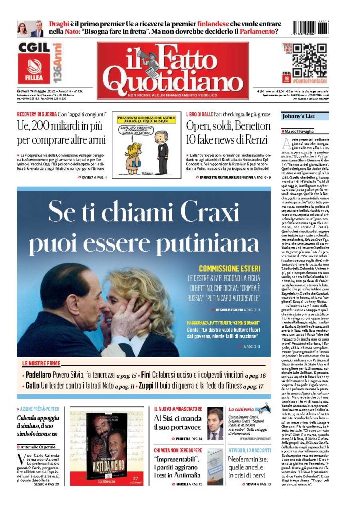 Copertina di giovedì 19 Maggio 2022