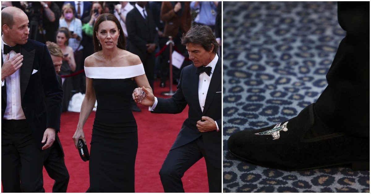 Il principe William in “pantofole” sul red carpet di Top Gun: le sue scarpe con ricamato un jet da combattimento rubano la scena a Kate Middleton