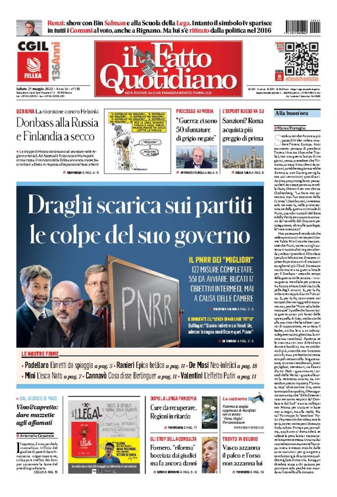 Copertina di sabato 21 Maggio 2022