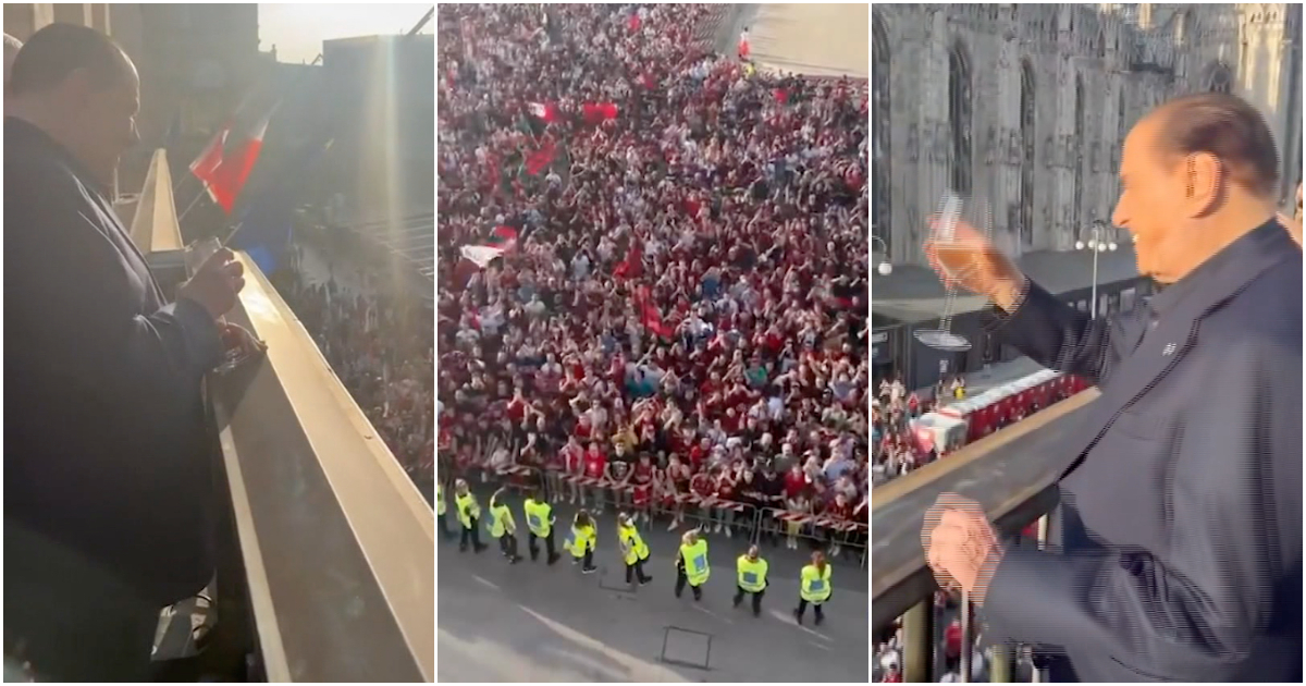 Berlusconi saluta i tifosi del Milan con un calice di vino in mano. Dalla piazza il coro “c’è solo un presidente” – Video