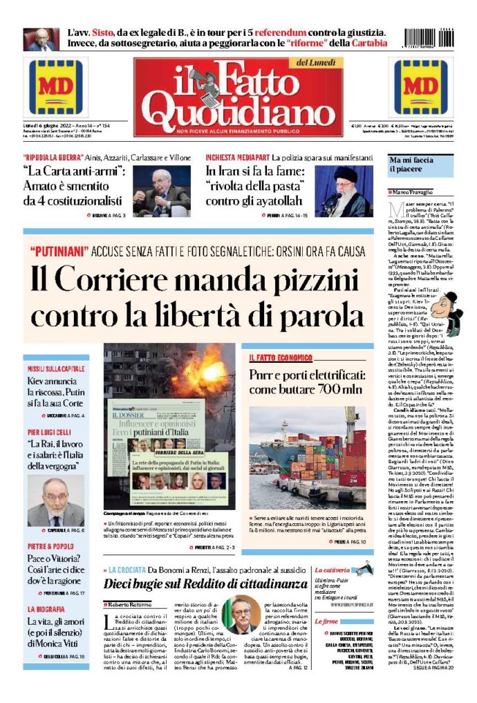 Copertina de Il Fatto Quotidiano di Lun 6 Giugno 2022
