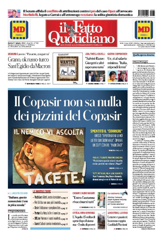 Copertina de Il Fatto Quotidiano di Mar 7 Giugno 2022