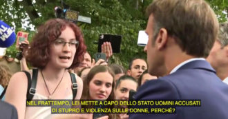Copertina di “Perché al governo ci sono due ministri accusati di stupro?”: il video della giovane che incalza Macron