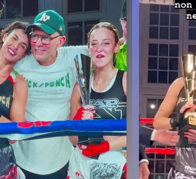 Elisabetta Canalis vince il suo primo match di kickboxing contro la 21enne Rachele Muratori: “È da tre settimane che mi alleno”