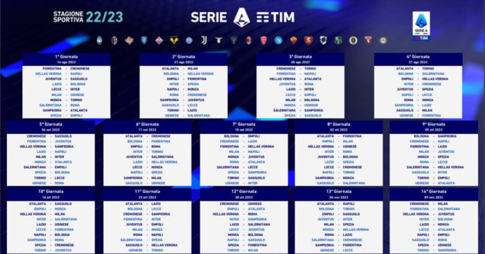 Serie A 2022/23, il calendario completo: derby di Milano il 4 settembre, Juve-Inter il 6 novembre insieme al derby di Roma