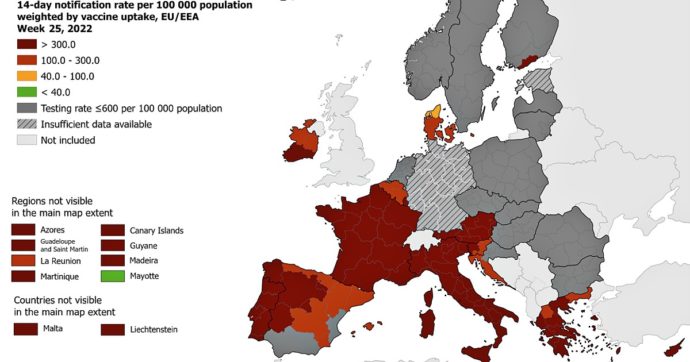 Omicron 5, Italia torna in rosso scuro nella cartina dell’Ecdc. Rallenta l’ondata in Portogallo