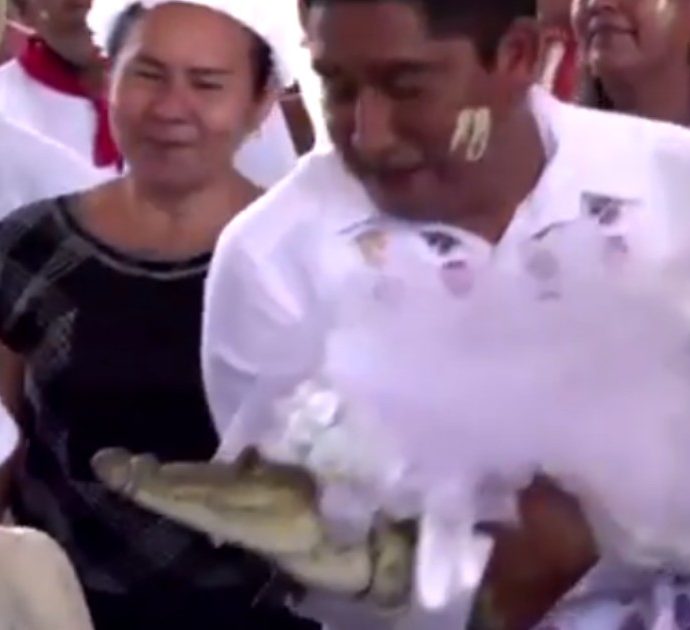 Sindaco si sposa con una femmina alligatore: la cerimonia celebrata con un antico rituale propiziatorio degli indigeni