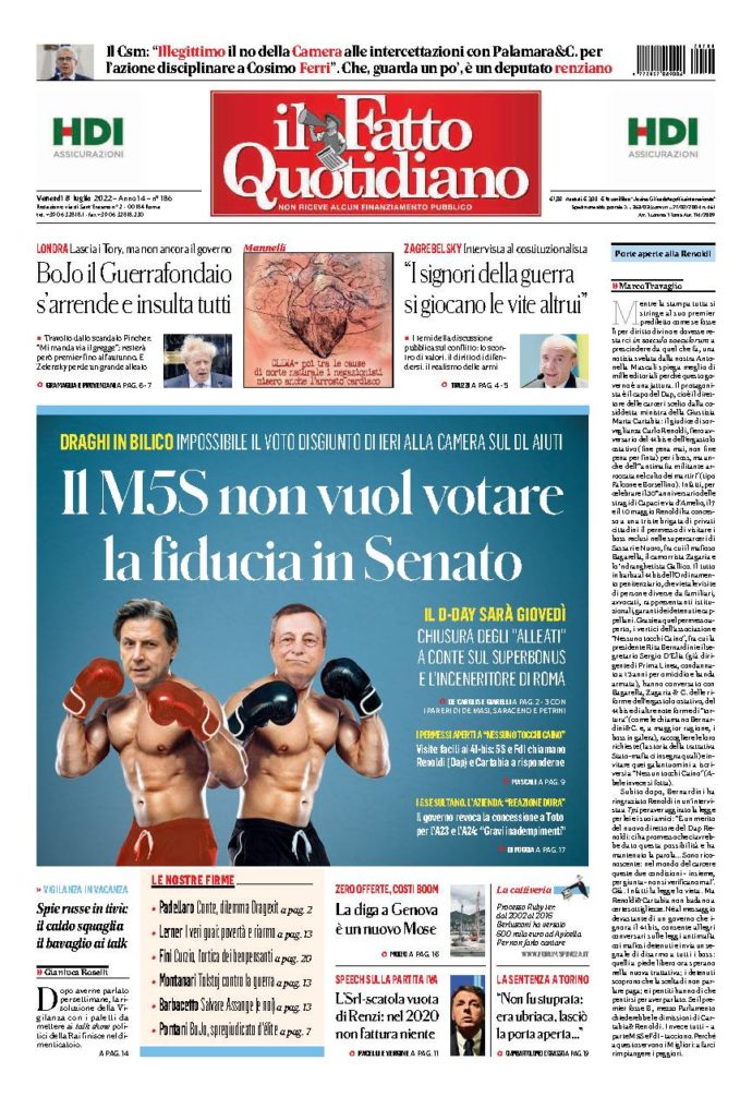 Copertina de Il Fatto Quotidiano di Ven 8 Luglio 2022
