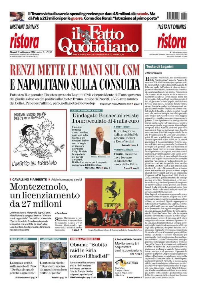 Copertina di giovedì 11 settembre 2014