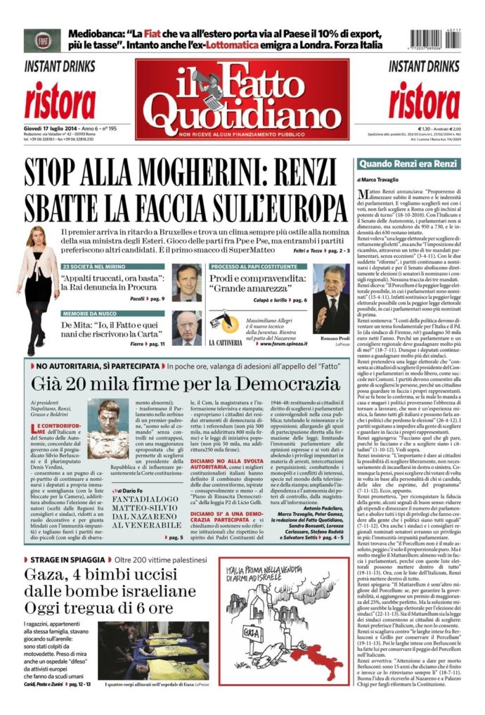 Copertina di giovedì 17 luglio 2014