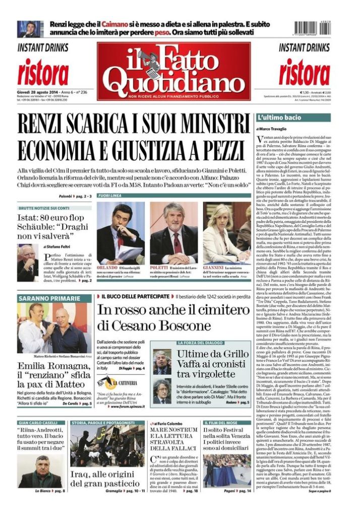 Copertina di giovedì 28 agosto 2014