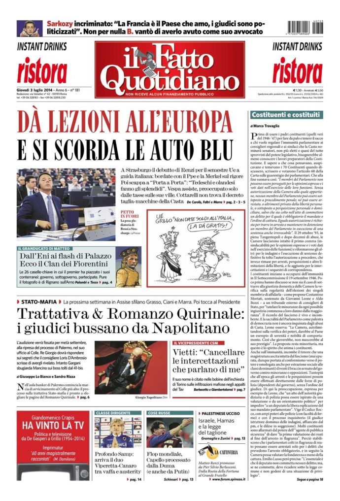 Copertina di giovedì 3 luglio 2014