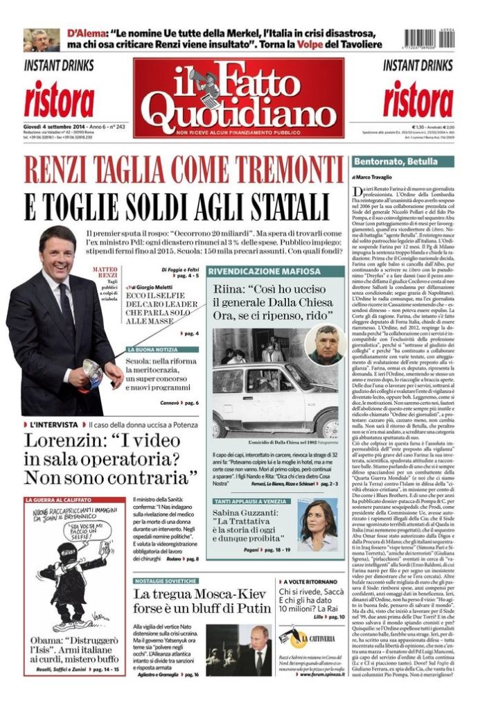 Copertina di giovedì 4 settembre 2014