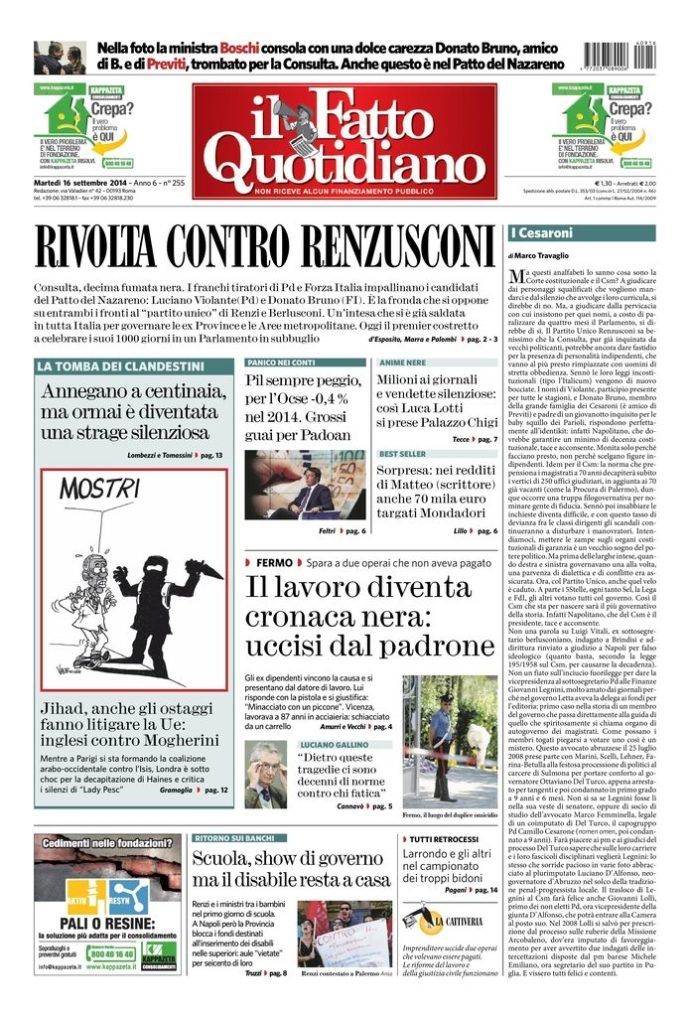 Copertina di martedì 16 settembre 2014