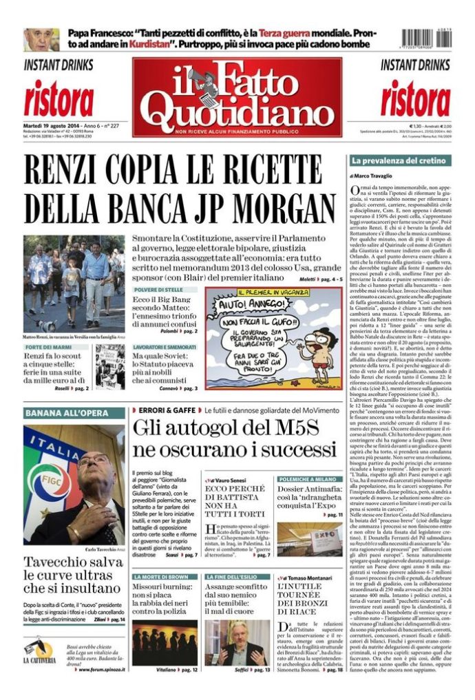 Copertina di martedì 19 agosto 2014