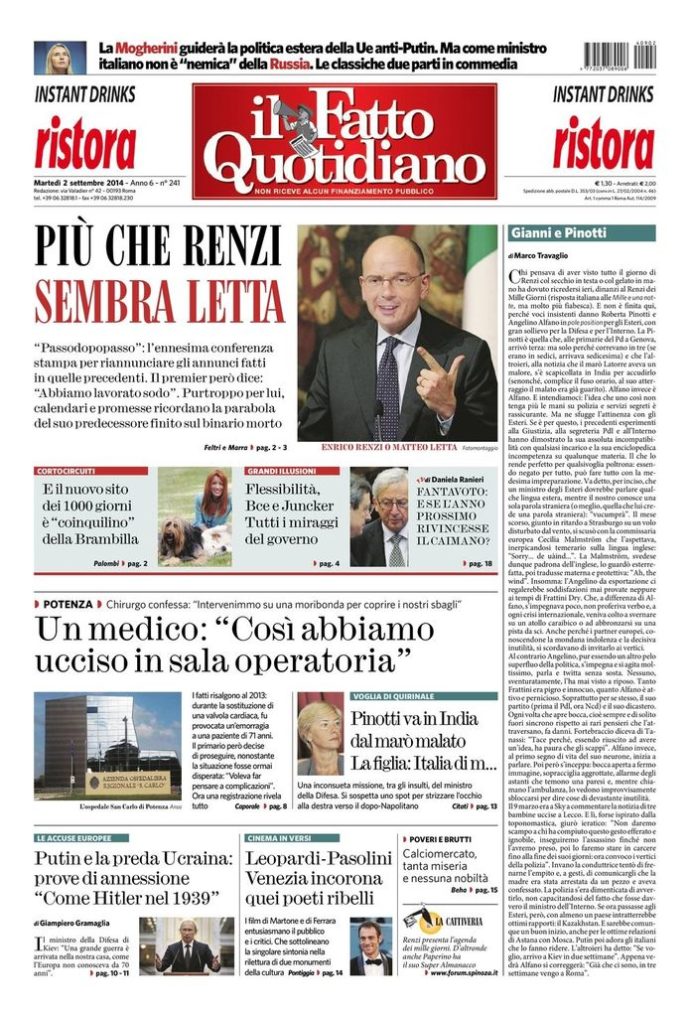 Copertina di martedì 2 settembre 2014