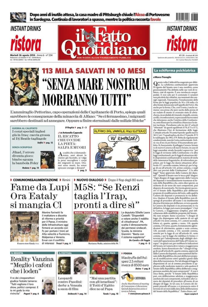 Copertina di martedì 26 agosto 2014