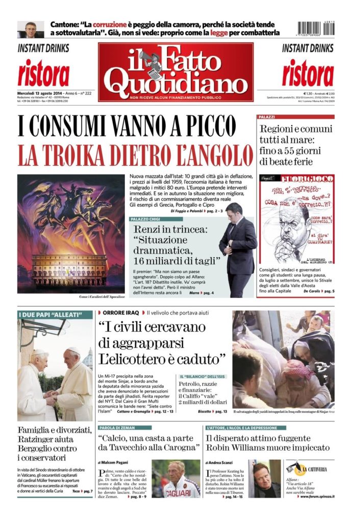 Copertina di mercoledì 13 agosto 2014