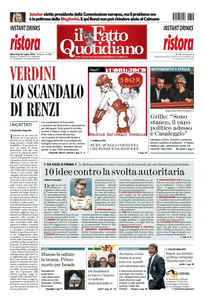 Copertina di mercoledì 16 luglio 2014