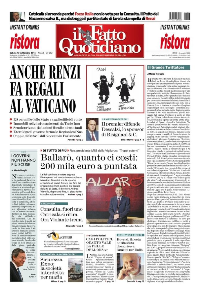 Copertina di sabato 13 settembre 2014