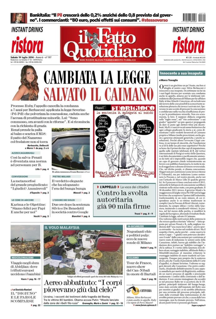 Copertina di sabato 19 luglio 2014