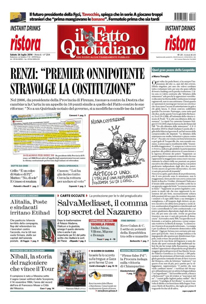 Copertina di sabato 26 luglio 2014