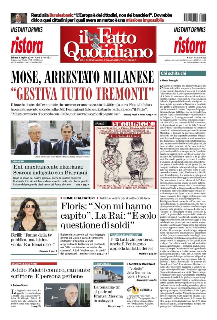 Copertina di sabato 5 luglio 2014