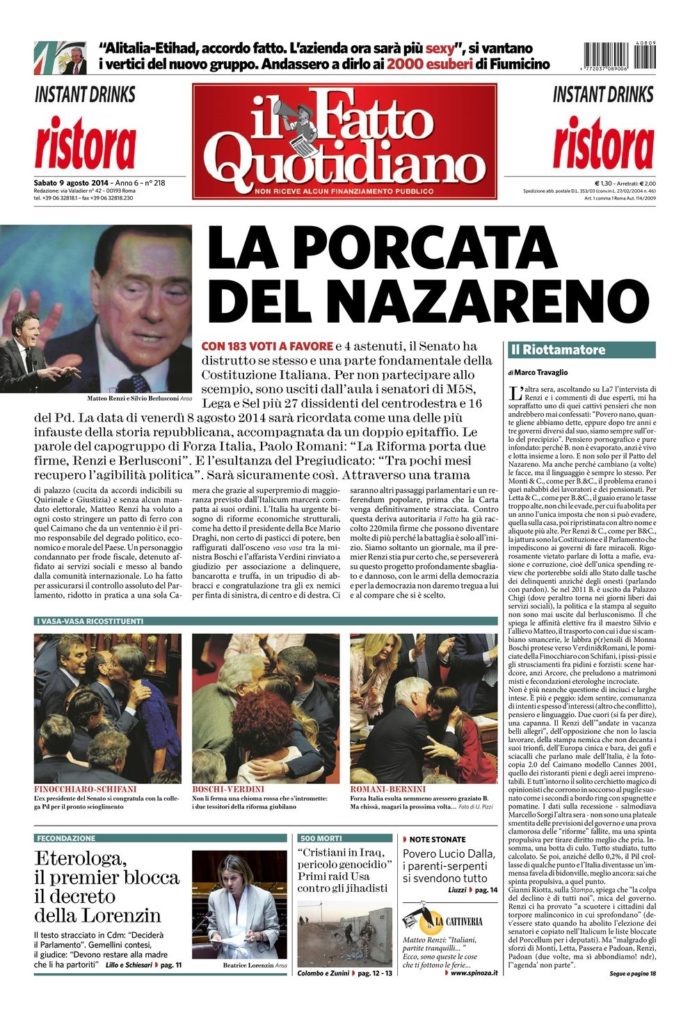 Copertina di sabato 9 agosto 2014