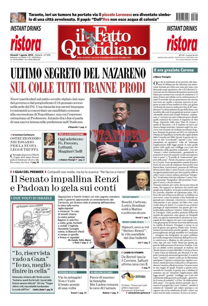 Copertina di venerdì 1 agosto 2014