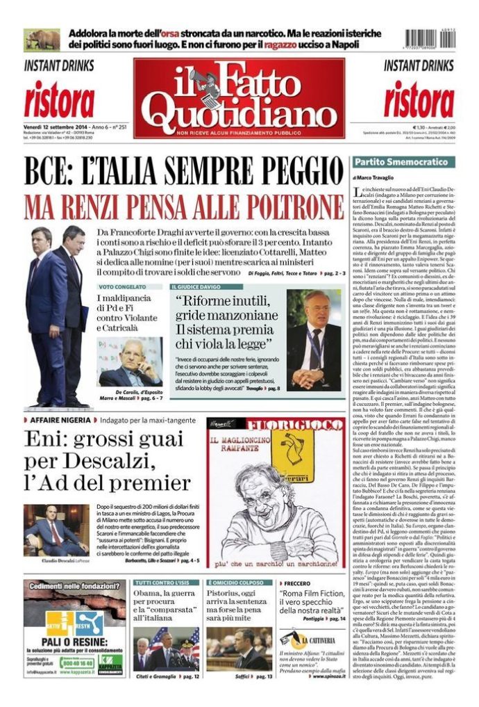 Copertina di venerdì 12 settembre 2014