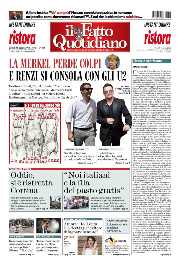 Copertina di venerdì 15 agosto 2014