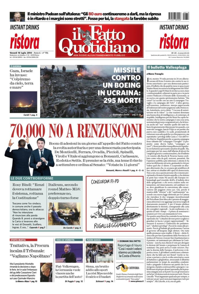 Copertina di venerdì 18 luglio 2014