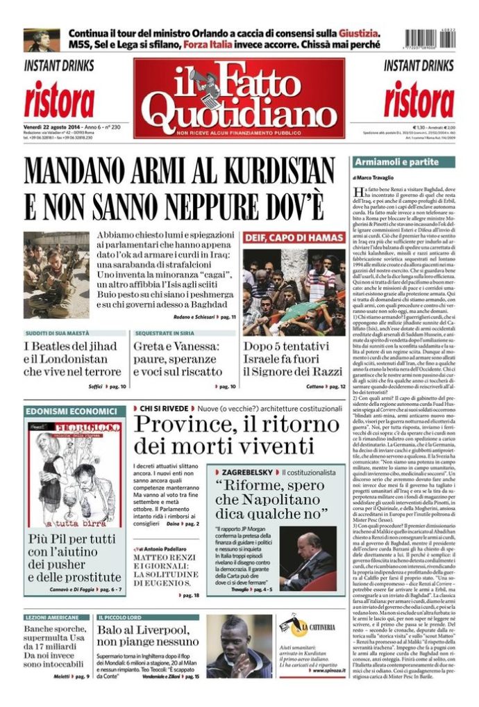 Copertina di venerdì 22 agosto 2014