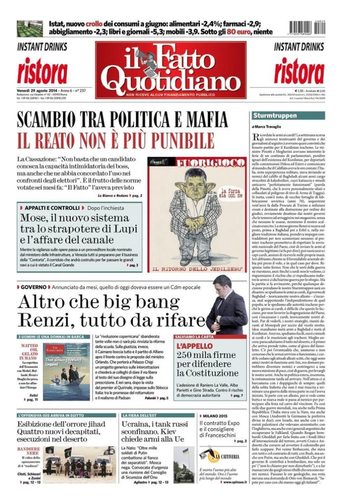 Copertina di venerdì 29 agosto 2014