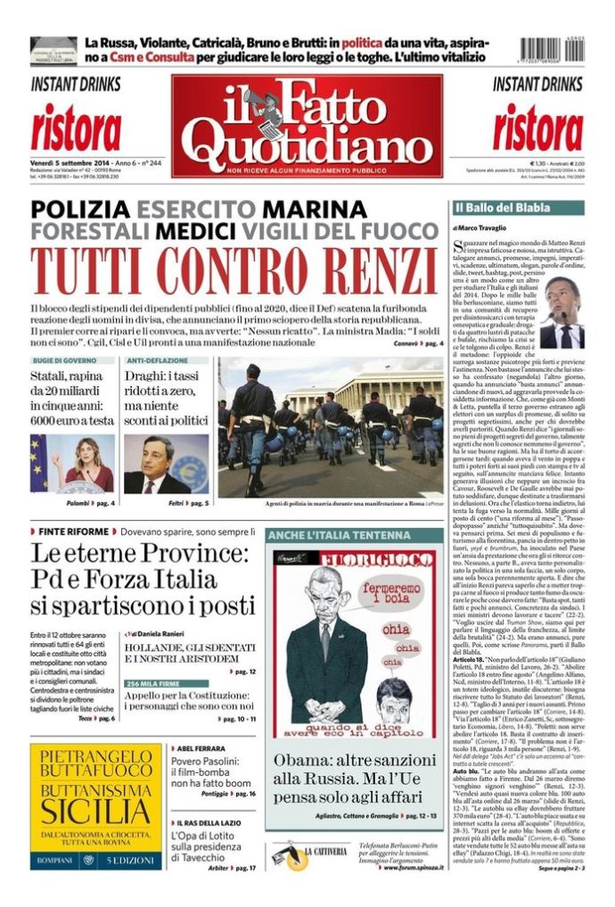 Copertina di venerdì 5 settembre 2014