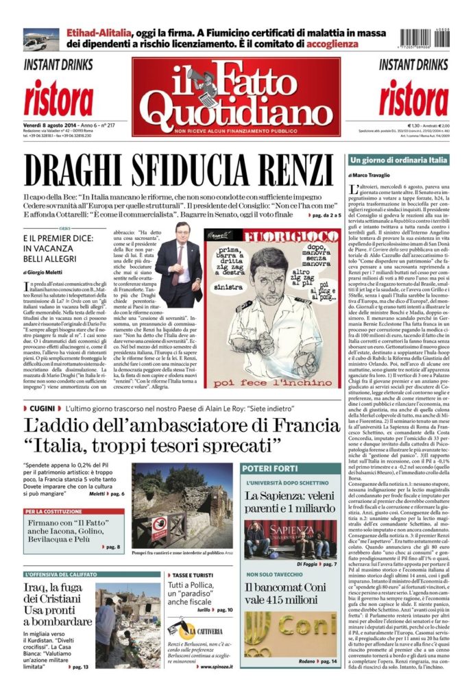 Copertina di venerdì 8 agosto 2014