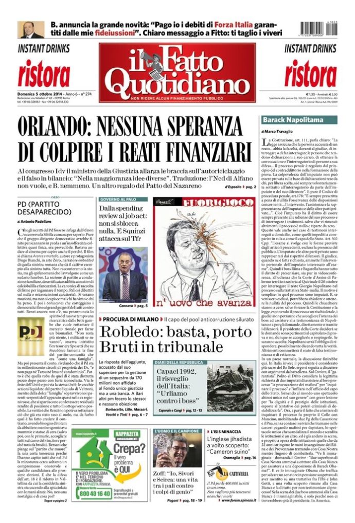 Copertina di domenica 5 ottobre 2014