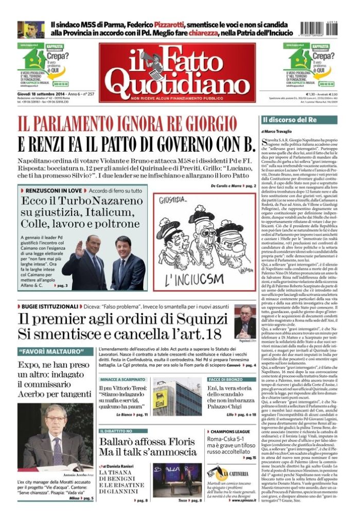 Copertina di giovedì 18 settembre 2014